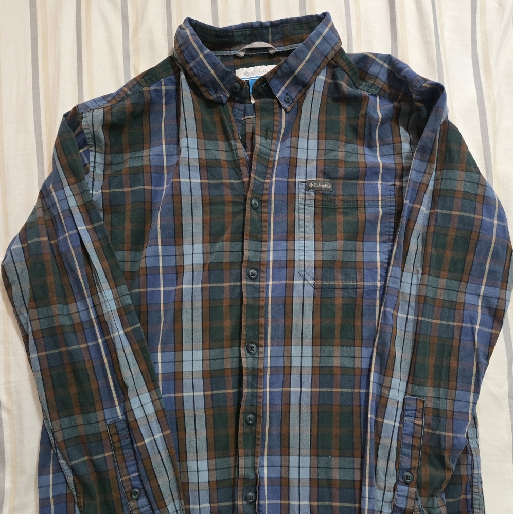 Columbia Men's L Plaid Shirt - Blue and Green
